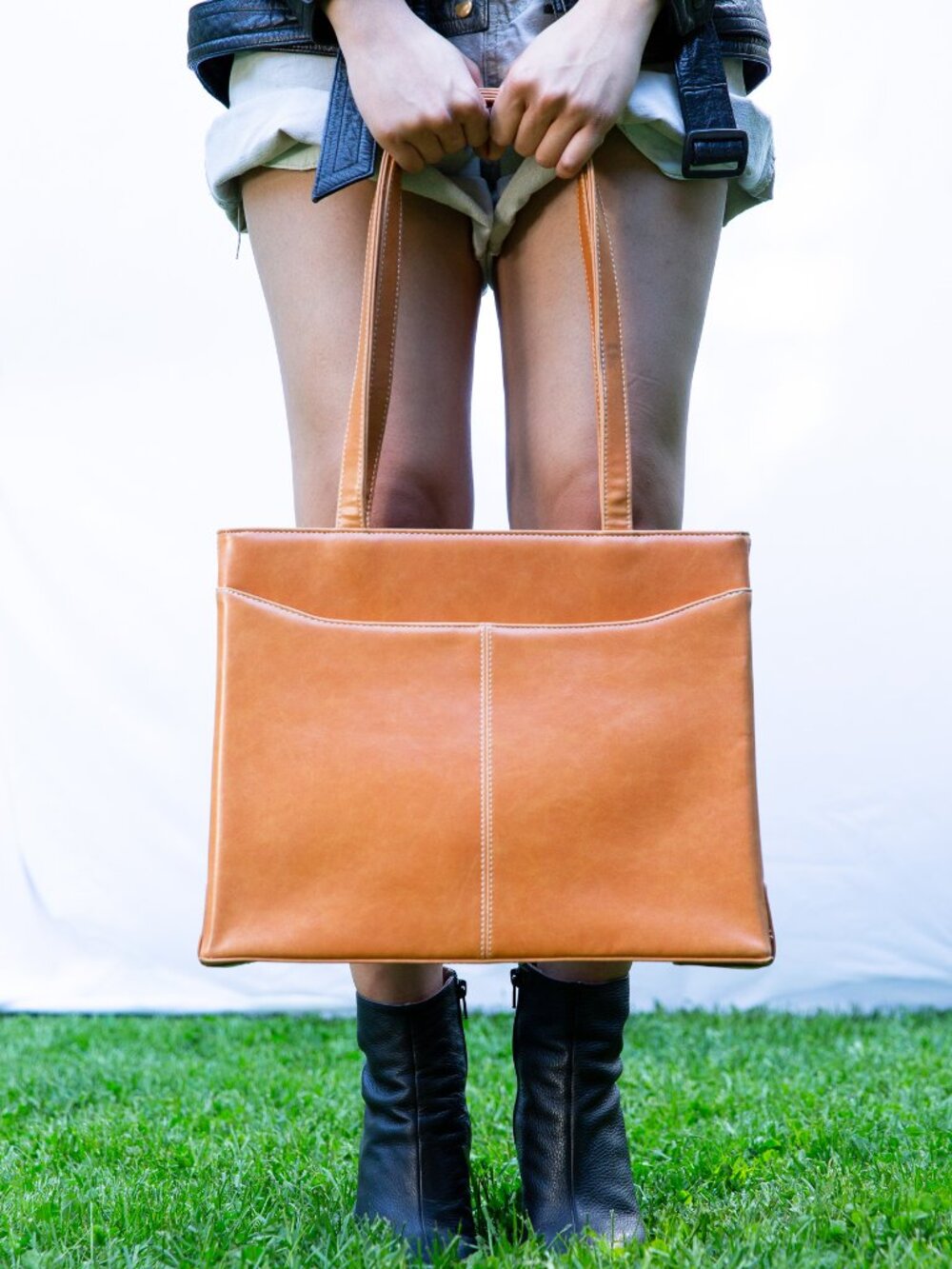 Cognac Leather Structured Tote Bag